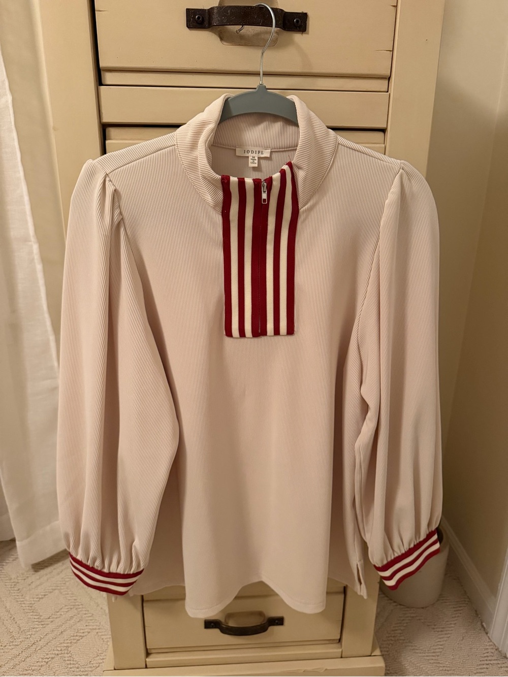 JODIFL Cream Ribbed Blouse with Red Stripe Placket and Cuff Trim